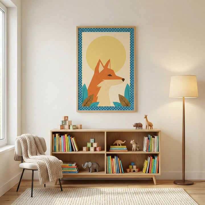 A bright, minimalist child's room features a large framed illustration of a stylized orange fox in profile against a large yellow sun. The illustration is bordered by a blue and white polka-dot pattern. Below it sits a light wood bookshelf neatly organized with colorful books and small wooden toys, including an elephant and a dinosaur. To the left of the shelf, a small chair is covered with a chunky cream-colored knit blanket. To the right is a tall floor lamp with a neutral beige shade. The floor is covere