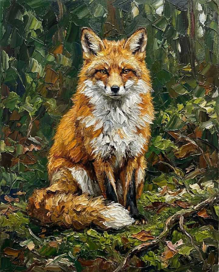 An oil painting of a fox seated on the forest floor with its tail wrapped around its body, staring straight ahead. The layered brushstrokes in green and brown tones create a peaceful, intimate woodland atmosphere.