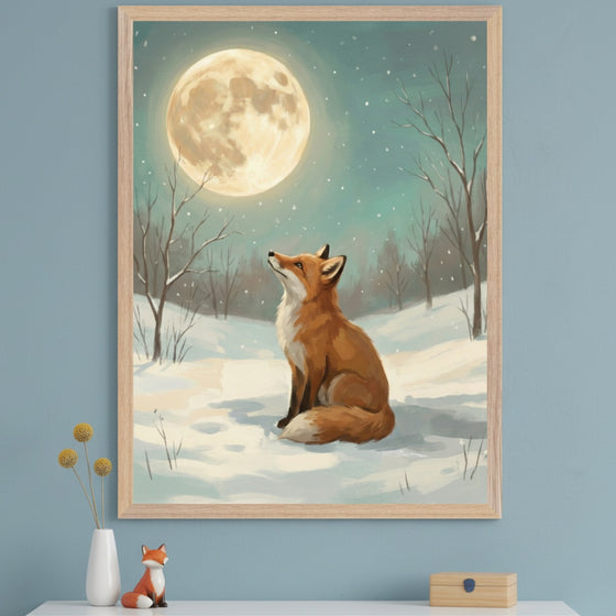 Modern room with a light blue wall and a white shelf below. A large framed painting of an orange fox sitting in a snowy forest, looking up at a full moon with falling snow, hangs above the shelf. A white vase with yellow flowers, a fox figurine, and a wooden box are on the shelf.