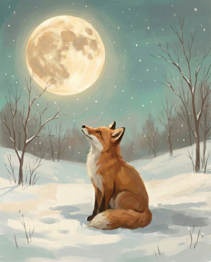 A red fox sits alone in a snowy clearing, looking up at the bright full moon in a quiet, starlit winter forest, evoking a peaceful and reflective nighttime mood.