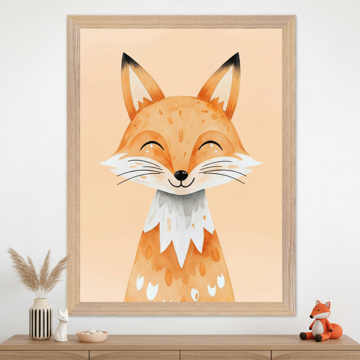 Modern kid's room with a light wood dresser. A framed watercolor print of a smiling, cute orange and white fox hangs centered above the dresser. The dresser holds a striped vase with dried grass, a white cat figurine, a small bowl, and a fox plush toy.