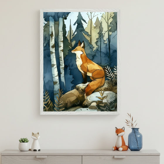 Modern living space with a light gray dresser. A framed watercolor illustration of an orange fox sitting on rocks in a blue-toned forest with birch trees hangs centered above the dresser. Decorative items are on the dresser.