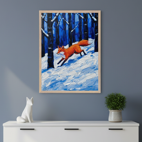 A framed painting of a vibrant red fox running through a snowy forest is displayed on a dark blue wall. The artwork uses bold brushstrokes and rich blues and whites to depict the wintry scene, with dark tree trunks adding depth and contrast to the fox’s motion.