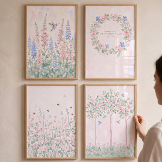 French chic pink garden wall art set of 4 featuring soft floral and nature illustrations in light wood frames.
