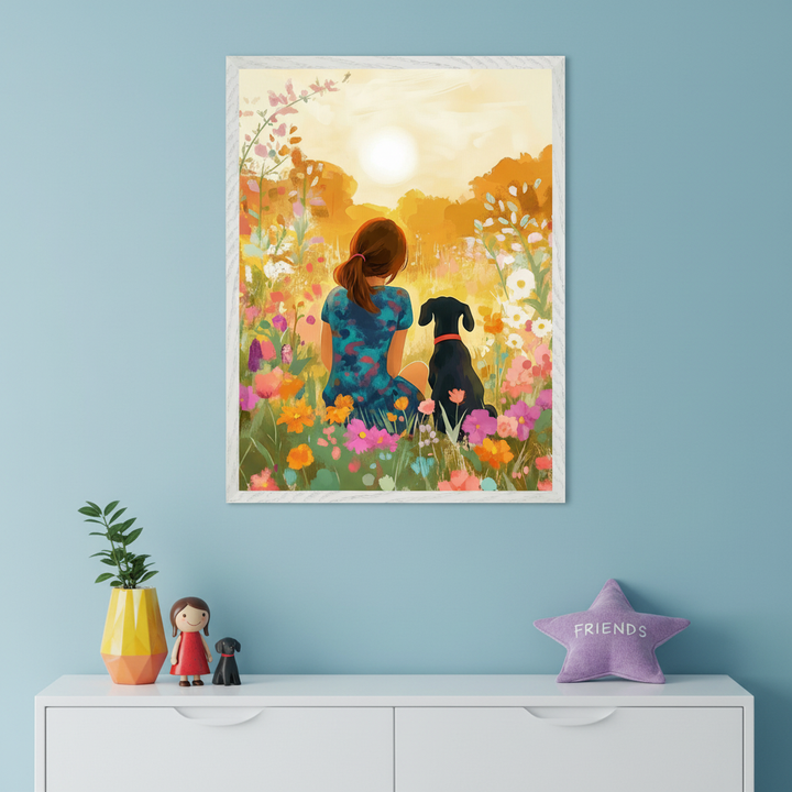 Modern room with a white dresser. A framed illustration of a girl and a black dog sitting in a vibrant flower field, looking at the sun, hangs centered above the dresser.