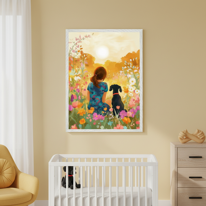 Modern nursery with yellow walls. A framed illustration of a person and a black dog sitting in a vibrant field of flowers, looking at a bright sunset, hangs above a white crib and wood dresser. A yellow armchair is left.