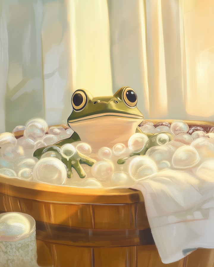 Whimsical illustration of a wide-eyed frog relaxing in a wooden tub filled with bubbles, surrounded by soft golden light filtering through curtains. A folded white towel rests over the edge of the tub.