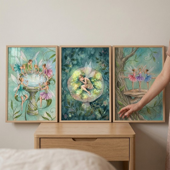 Three framed, whimsical illustrations are arranged side-by-side on a light wood nightstand against a neutral-colored wall. Each artwork features a different scene of delicate, winged sprites in an ethereal forest setting.
The illustration on the left shows several winged figures gathered around a stone fountain, some perched on the rim and others hovering nearby.