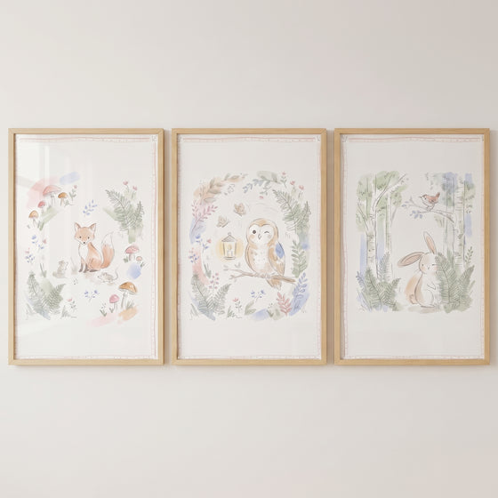 Fox, owl, and rabbit watercolor illustrations in wood frames; gentle nature woodland animals wall art set of 3.