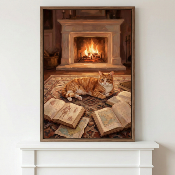 Vertical framed art depicts an orange tabby cat lounging on a patterned rug before a glowing fireplace. The warm light from the hearth illuminates the cat's fur and several open vintage books scattered around it. One book shows a detailed human anatomy diagram, and another displays a world map. The cozy scene is presented in a simple wooden frame, hanging on a plain white wall directly above a white mantelpiece.