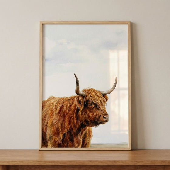 Framed ginger fur highland cow wall art featuring a shaggy cow with large horns against a soft cloudy sky.