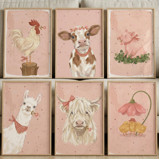 Six framed pastel farm animal illustrations arranged in two rows show a rooster, calf, pig, llama, highland cow, and three chicks under a flower, each with red checkered accessories and small floral details. The soft pink star patterned backgrounds and coordinated style create a cohesive and charming nursery wall art collection.