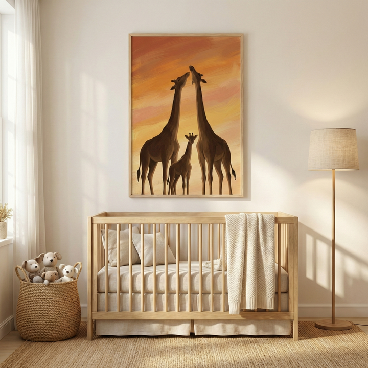 A cozy, neutral-toned nursery features a large framed illustration of a giraffe family—two adults and a calf—against a warm sunset sky. Centered below the art is a light-toned wooden crib dressed in soft white bedding and a textured cream blanket. To the left of the crib, a round woven basket is filled with plush stuffed animals. A slender floor lamp with a drum-style fabric shade stands on the right, providing a soft light.