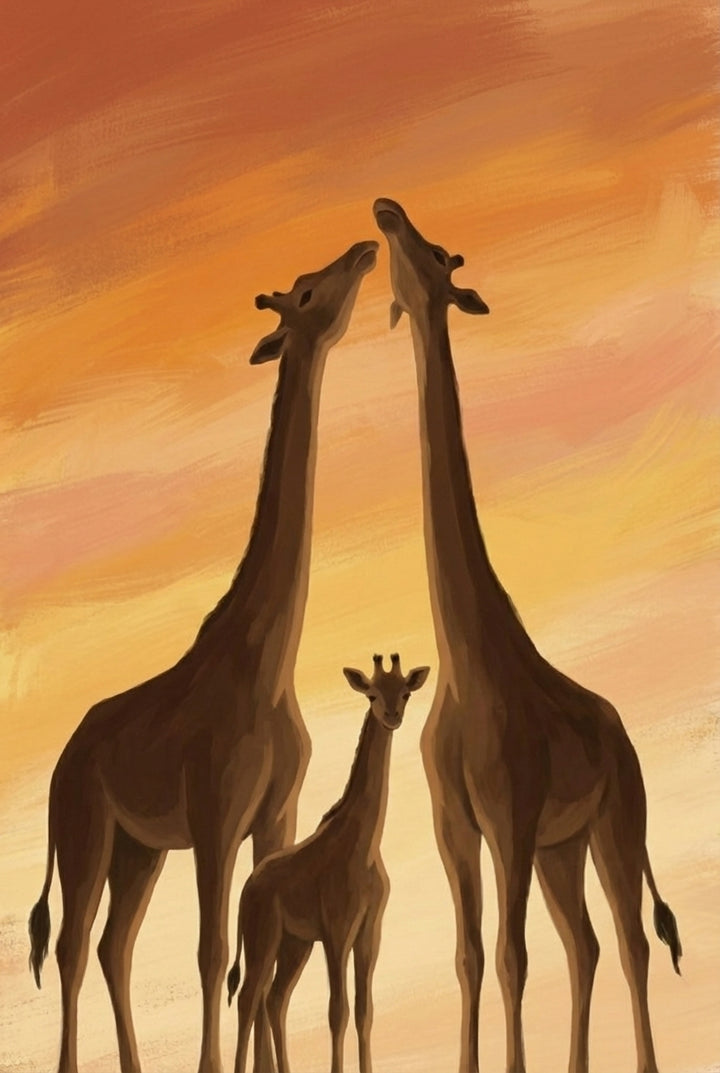 Three giraffes—two adults and a calf—standing closely as the adults reach their heads toward each other under a warm orange sky.