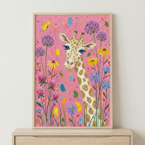 A whimsical illustration features a cheerful giraffe with blue eyes and shimmering gold spots. It peeks out from a cluster of colorful wildflowers, including purple alliums, yellow daisies, and pink clovers. The background is a vibrant pink dotted with playful specks of yellow, blue, and green. The artwork is encased in a light wood frame and displayed on a wooden surface against a neutral wall.