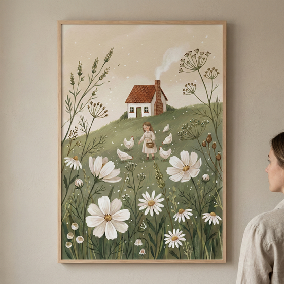 A vertical framed illustration in a folk-art style depicts a serene countryside scene. In the center, a young girl in a pale dress holds a basket while standing on a grassy hill surrounded by white chickens. Behind her, a small white house with a red-brown roof has smoke curling from its chimney. The foreground features large, stylized white flowers and tall botanical stems. To the right of the frame, a person is partially visible from the side, looking at the art on a neutral wall.