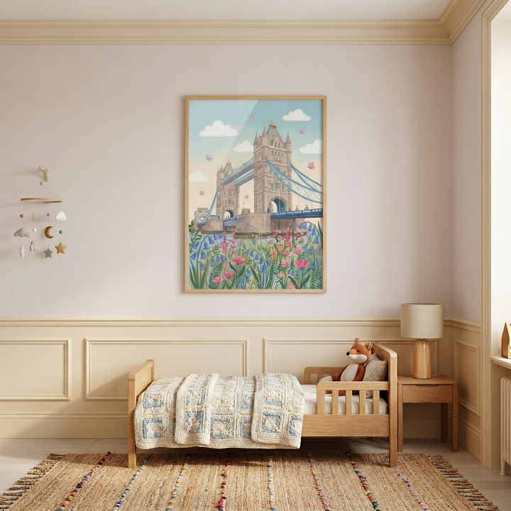 A cozy children’s bedroom with a wooden toddler bed, textured rug, and soft neutral decor featuring a framed illustration of Tower Bridge surrounded by colorful flowers and butterflies hanging above the bed.