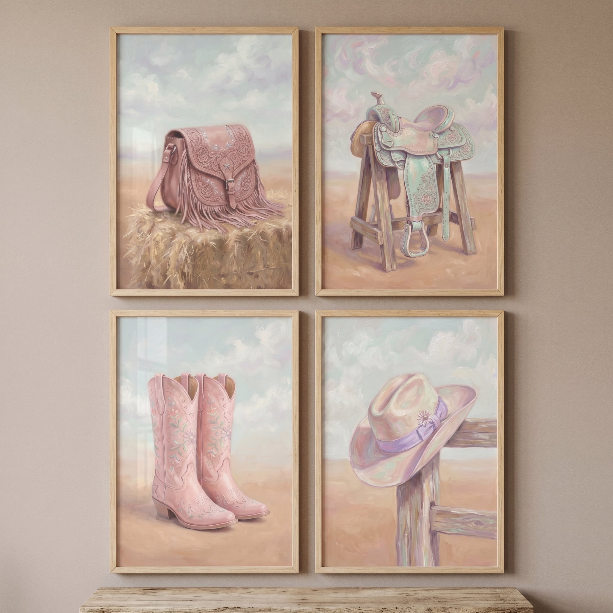Pink Western Gear Wall Art Set of 4 - Girly Cowgirl Decor