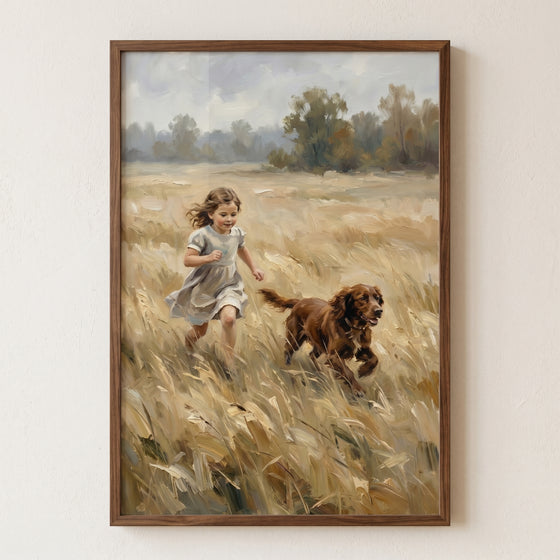 A girl in a grey dress and a brown dog run through tall grass in this golden field girl dog wall art.