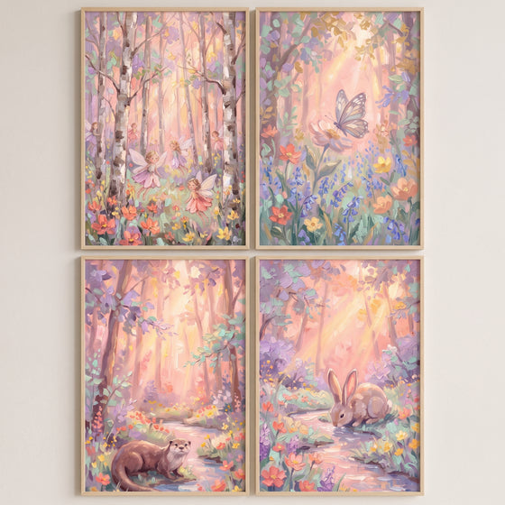 Golden hour enchanted woodland wall art set of 4 featuring fairies, a butterfly, an otter, and a rabbit in soft colors.
