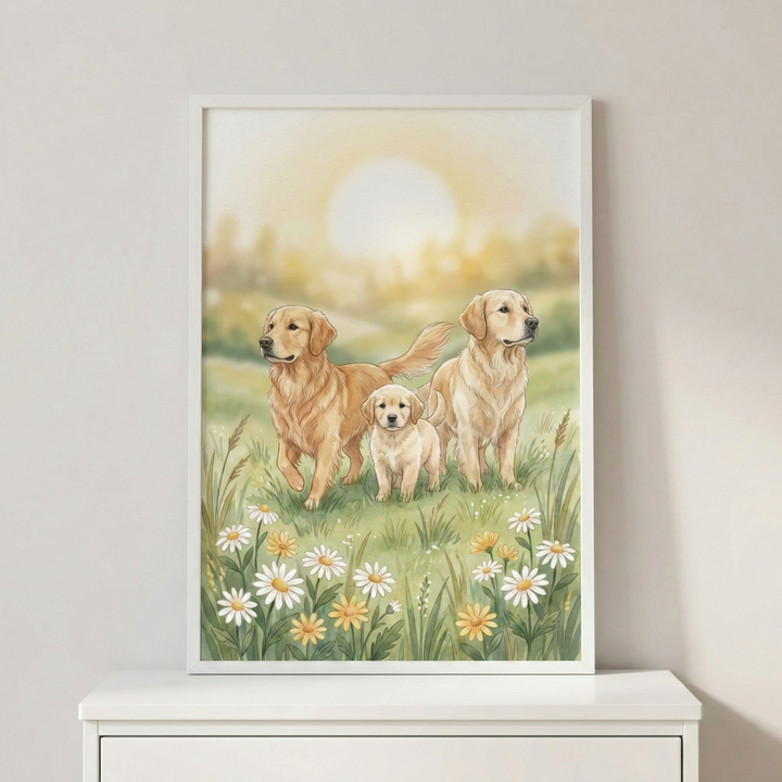 A vertical framed watercolor-style illustration depicts a family of three golden-furred dogs in a grassy meadow. Two adult dogs stand beside a smaller puppy, surrounded by blooming white and yellow daisies. In the background, soft rolling hills sit beneath a large, glowing sun in a hazy yellow sky. The artwork, held in a thin white frame, is displayed on a white dresser against a light gray wall, creating a warm and peaceful atmosphere.