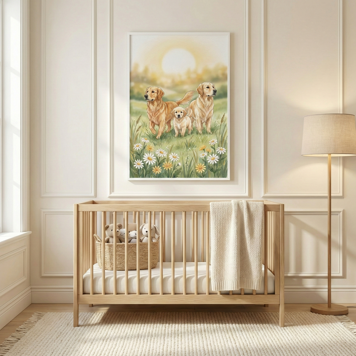 A serene nursery features a light wood crib with a cream knit blanket and a basket of plush toys. Centered on the wall above is a framed artwork showing three golden-colored dogs in a field of wildflowers under a bright sun. To the right, a floor lamp with a neutral shade stands on a wood base. The room has classic wall molding and a textured rug, creating a calm atmosphere. Natural light streams in from a window on the left, illuminating the soft, neutral color palette.