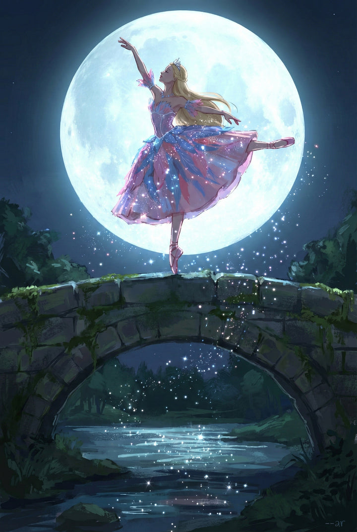 A graceful ballerina in a pink and blue gown balances en pointe on a moss covered stone bridge with a glowing full moon behind her. The moonlight reflects on the river below while tiny sparkles surround her, emphasizing the dreamy nighttime atmosphere.