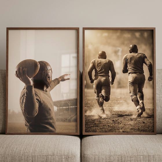 Grainy sepia football player sports artwork set of 2 features a quarterback and two runners in vintage leather helmets.