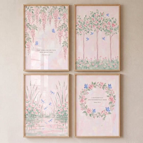 Grandmillennial pink botanical garden wall art set of 4 with floral illustrations and religious scripture verses.