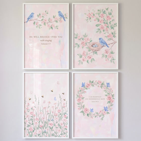 Grandmillennial rose floral garden wall art set of 4 featuring blue birds, bees, pink blossoms, and scripture verses.
