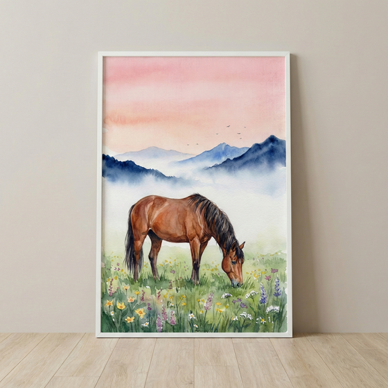 A framed piece of watercolor artwork leaning against a beige wall on a light wood floor. The illustration features a brown horse with a black mane and tail grazing in a meadow filled with colorful wildflowers in shades of purple, yellow, and white. Behind the horse, soft mist clings to the base of layered blue mountains. The sky is a gentle wash of pink and orange, with several small bird silhouettes flying in the distance.