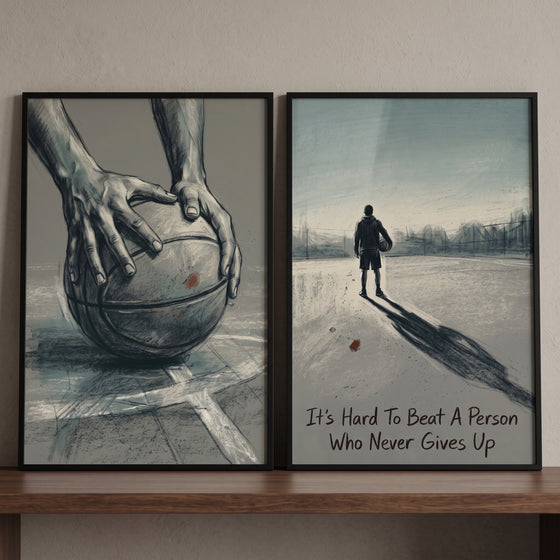 Gritty basketball sports wall art set of 2 featuring hands on a ball and a player silhouette on a court with a quote.