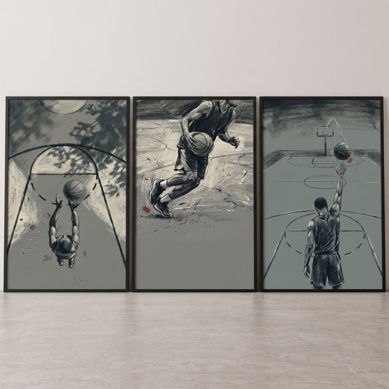 Gritty monochrome basketball player sports wall art set of 3 depicting an athlete shooting, dribbling, and scoring.