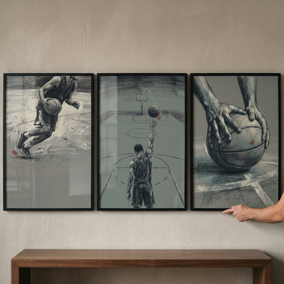 Gritty textured basketball player sports wall art set of 3 showing scenes of dribbling, shooting, and holding a ball.