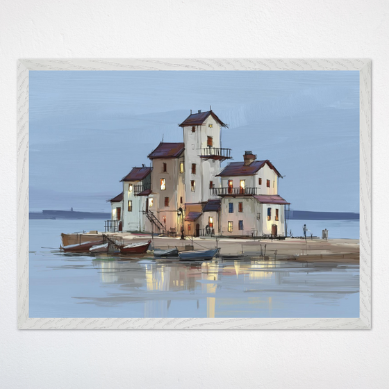 Charming coastal house illuminated by warm interior lights, situated on a quiet pier surrounded by boats. Calm water reflects the house’s glowing windows, creating a serene evening atmosphere.