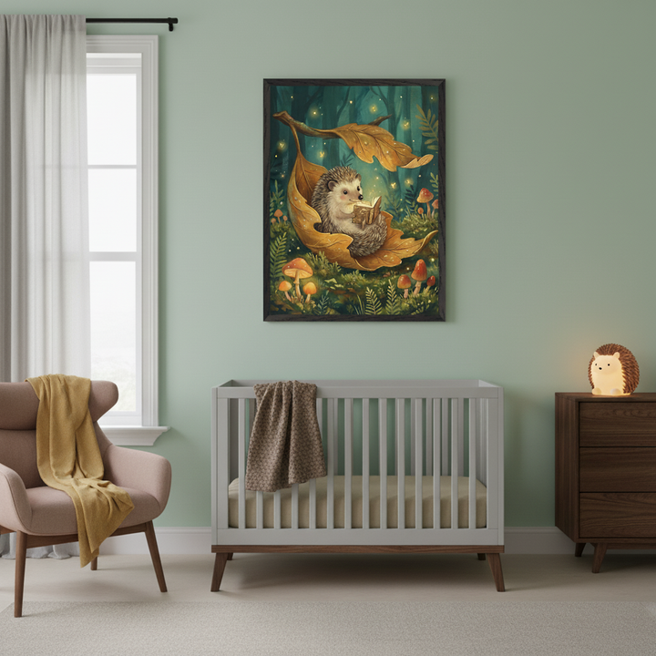 Modern nursery with light green walls. A large framed print of a hedgehog reading in a leaf, surrounded by mushrooms and fireflies in a dark forest, hangs above a gray crib and dark wood dresser. A pink armchair with a yellow blanket is on the left.