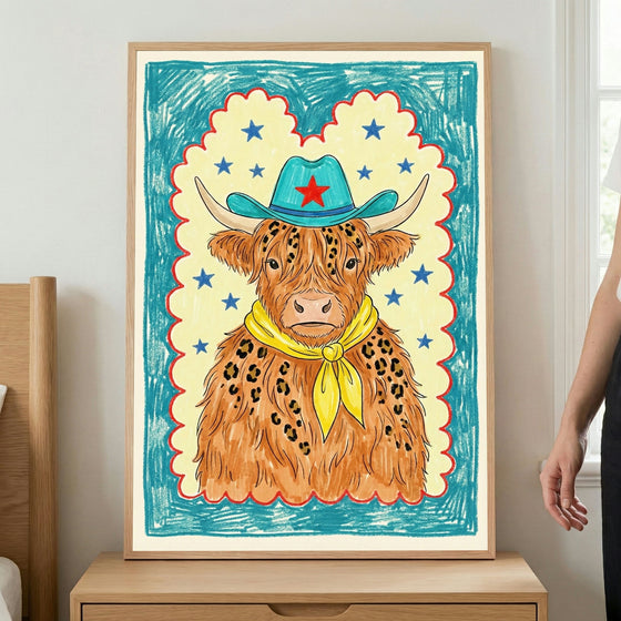 Framed crayon-style illustration of a highland cow with long, shaggy fur wearing a turquoise cowboy hat with a red star and a bright yellow bandana. The playful artwork features a scalloped border and starry background in cheerful blue, yellow, and red tones.