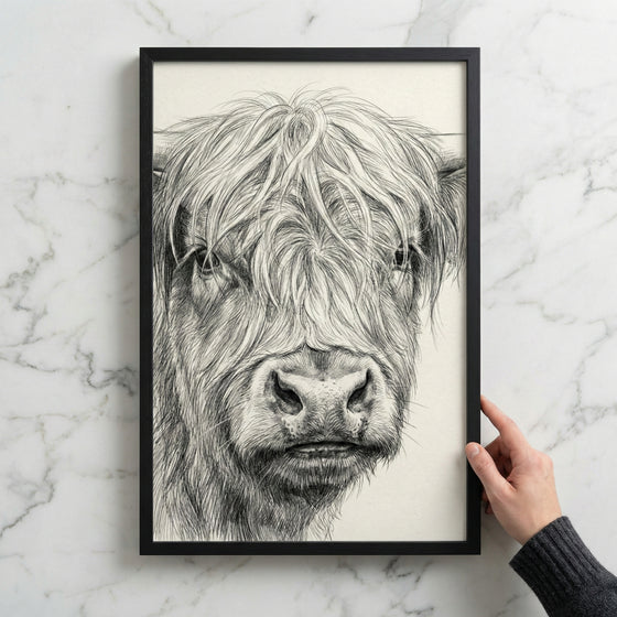 A detailed black and white sketch of a shaggy Highland cow's face, featuring its long, thick hair and large nose. The artwork is displayed in a thin black frame, held by a hand against a white marble wall.