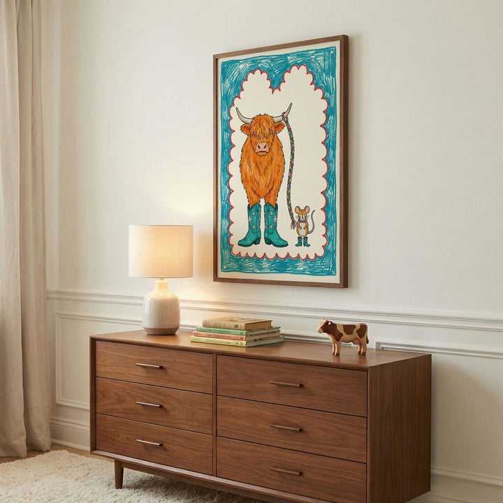 Cozy room with a wooden dresser and a framed drawing of a highland cow and a mouse, both dressed in teal cowboy boots. The charming artwork, set against a hand-drawn scalloped frame, adds a touch of humor and character to the warm, child-friendly space.