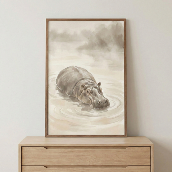 This vertical artwork features a soft, watercolor-style illustration of a hippopotamus. The animal is depicted partially submerged in calm, beige-toned water, with gentle ripples emanating from its body. Its head and upper back are visible, showing detailed textures in its skin and features in a realistic yet artistic manner. The background is a hazy, atmospheric scene with muted silhouettes of distant trees under a soft, overcast sky.