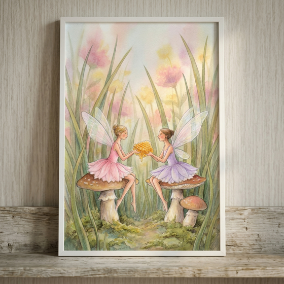 A framed illustration shows two small fairies sitting on large mushrooms in a meadow. One fairy wears a pink dress and the other wears purple. Together, they hold a piece of golden honeycomb. They are surrounded by tall grass and soft, pastel-colored flowers under a light, dreamy sky. The style is soft and detailed with a gentle color palette. The framed artwork sits on a wooden shelf against a textured wall.