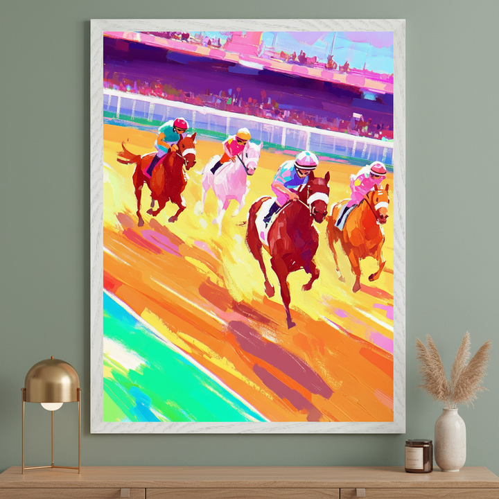 Modern room with a wooden console table. A large white-framed, vibrant, impressionistic painting depicting a horse race with multiple jockeys is centered above the table.