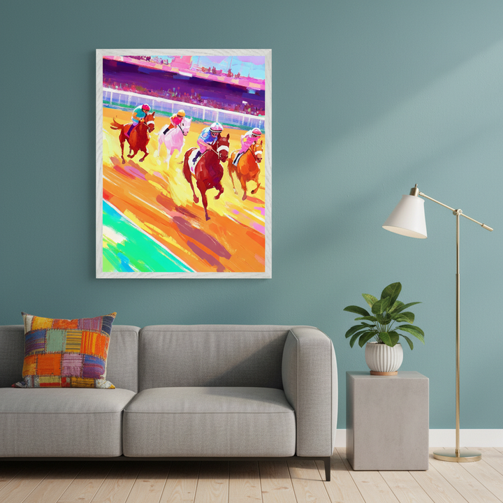 Modern living room with a gray sofa, concrete side table, and floor lamp. A large framed, vibrant impressionistic painting of a horse race with jockeys hangs above the left side of the sofa.