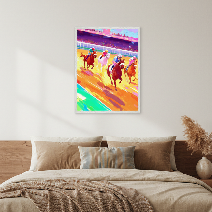 Modern bedroom with a bed and wooden headboard. A large framed print of a colorful, painterly horse race with four horses and jockeys hangs centered on the wall above the bed.