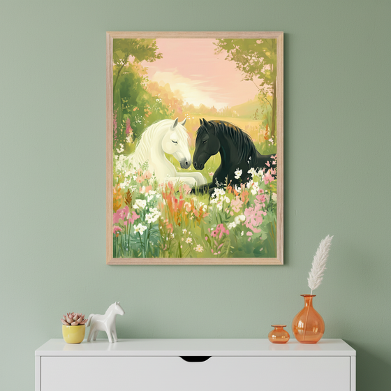 Two horses, one white and one black, rest peacefully in a meadow filled with colorful wildflowers under a soft sunset sky. The artwork is framed in black and placed on the floor next to a woven basket with tall green plants and a plush giraffe toy, creating a cozy nursery vibe.