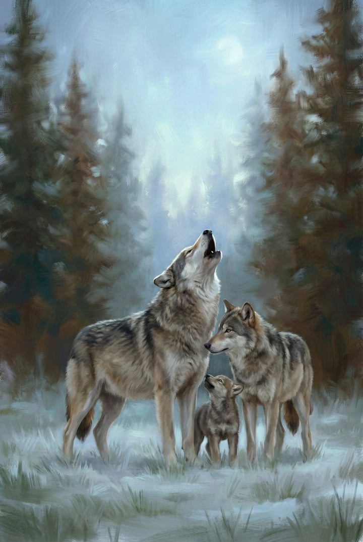 A wolf family stands together on a snowy forest clearing. One adult wolf raises its head to howl at the sky while the other watches over a curious pup. The background is a misty blur of snow-dusted pine trees.