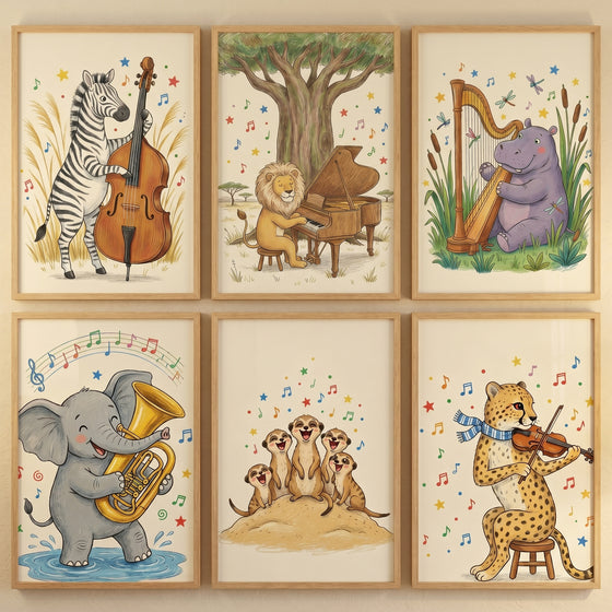 Illustrated musical safari animals wall art set of 6 featuring a lion, elephant, hippo, zebra, cheetah, and meerkats.