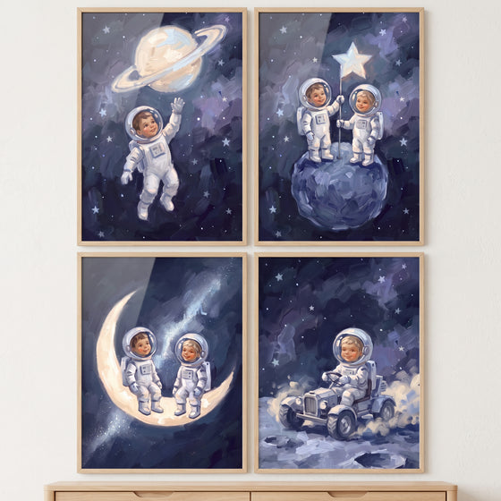 Impasto Cobalt Baby Astronaut Wall Art Set of 4 - Tiny Cosmic Travelers
