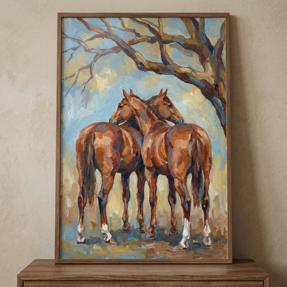 This vertical artwork depicts two chestnut-colored horses standing close together beneath the wide, spreading branches of a large tree. The piece is created in an impressionistic style, using bold and visible textured strokes to suggest form and light.