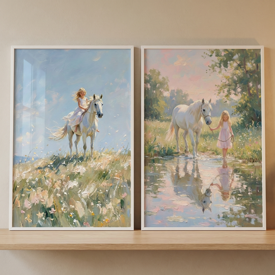 Two framed impressionist paintings leaning on a wooden shelf show a young blonde girl with a white horse in soft countryside scenes. One shows the girl riding the horse across a breezy wildflower hill while the other shows her leading the horse through a shallow reflective stream at sunset.